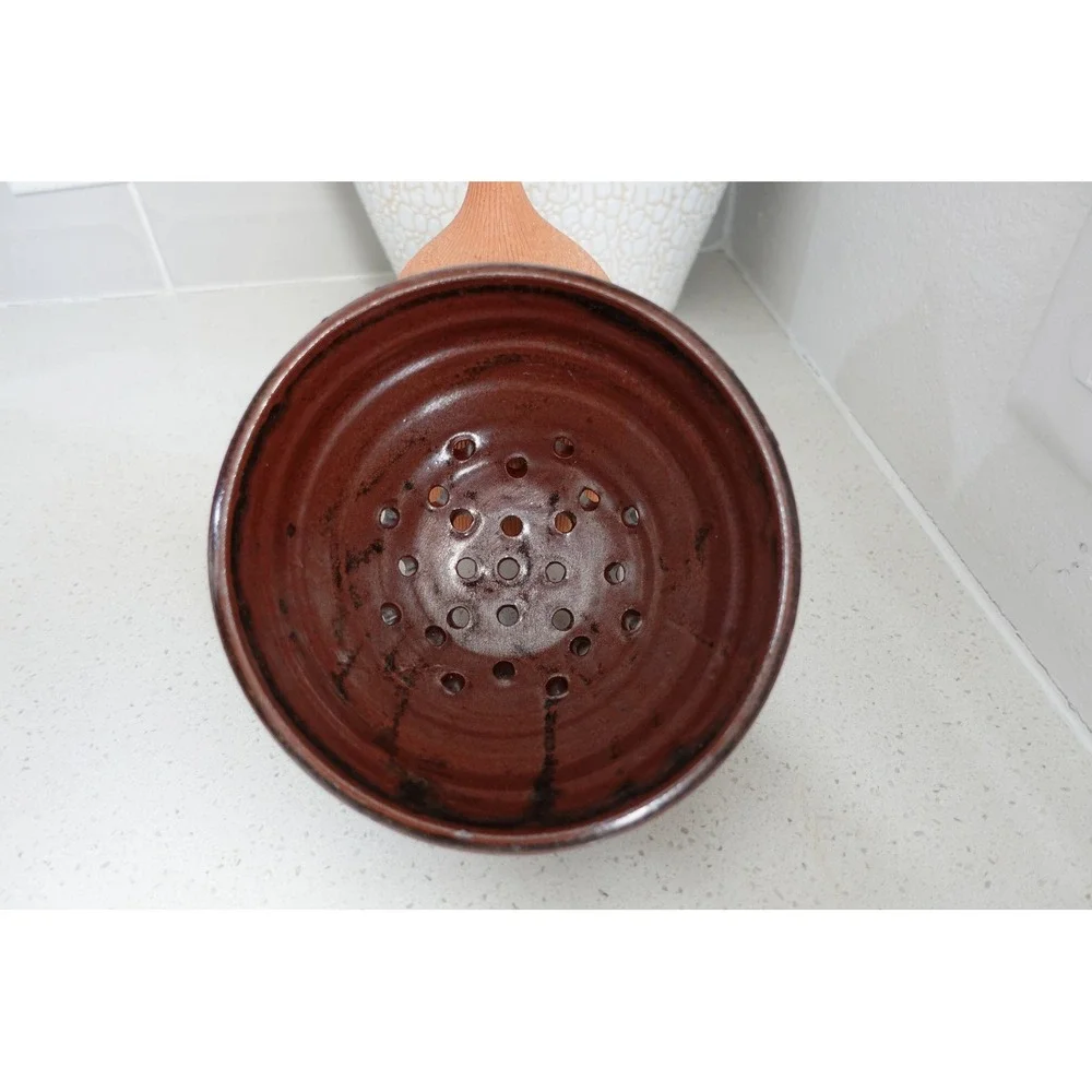 Handmade Pottery Berry Bowl‎ Colander Brown Glazed Ceramic Kitchen Decor